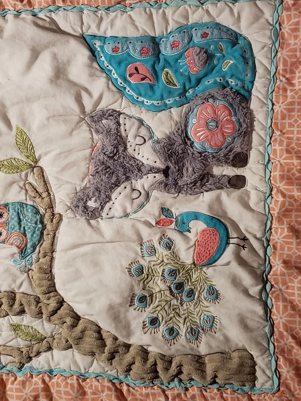 Levtex Quilted Baby Blanket with Fox, Peacock & Owl - White, Teal, Coral
